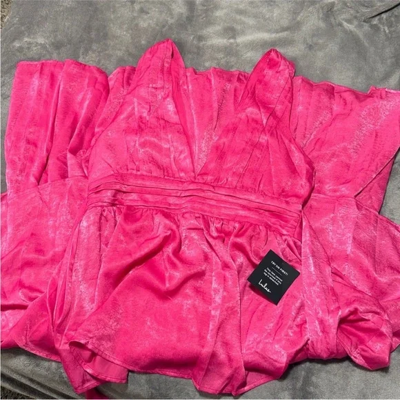 NWT Lulus Peak Party Vibe Hot Pink Satin Tiered Tie-Back Midi Dress - Picture 3 of 4